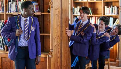 Aruna Jalloh as Femi Adebayo, Archie Fisher as Cheddar, and Andrew Harmon-Gray as Graham in 'Boarders' Season 2