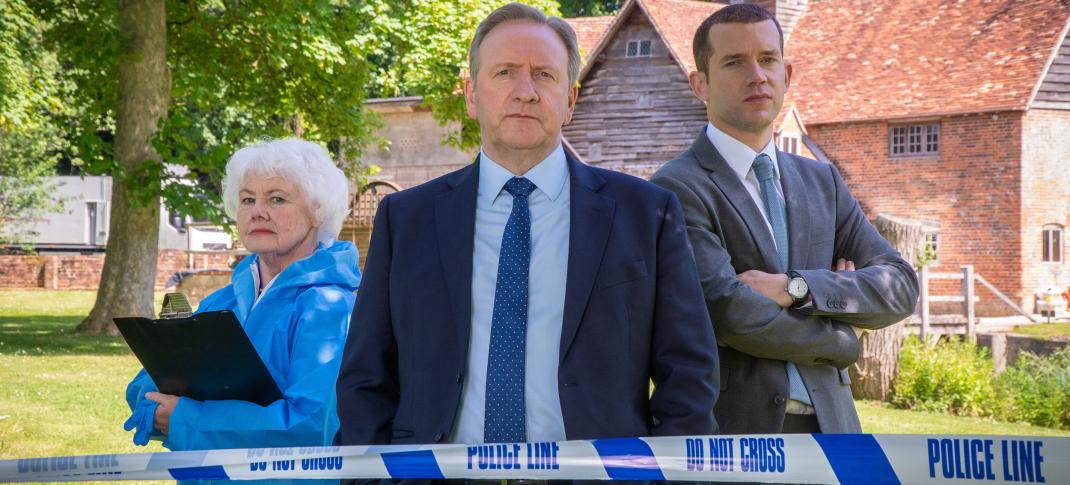Annette Badland as Fleur Perkins, Neil Dudgeon as DCI John Barnaby, and Nick Hendrix as DS Jamie Winter in Midsomer Murders Season 23.