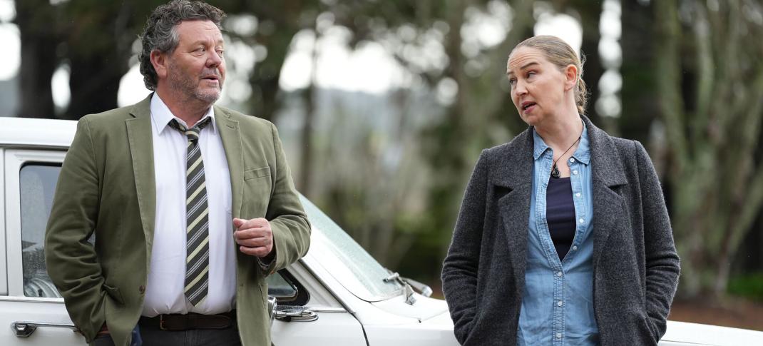 Neill Rea as DSS Mike Shepherd and Tracy Lee Gray as Trudy Neilson in 'The Brokenwood Mysteries' Season 11