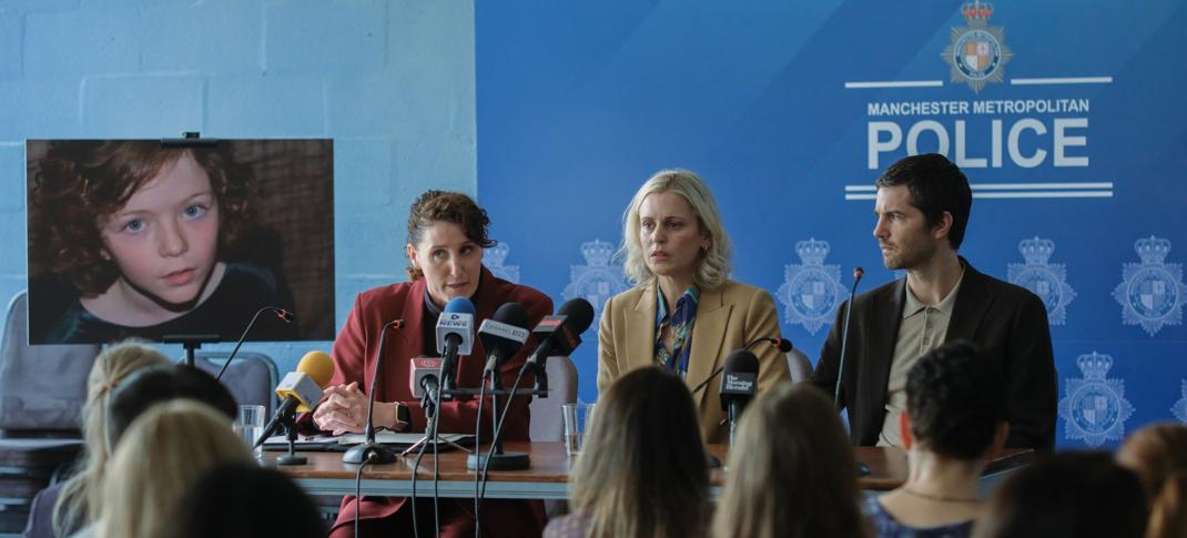 Bronagh Waugh as DI Shona Sinclair, Denise Gough as Elisa Blix, and Jim Sturgess as Fred Blix in 'The Stolen Girl.'